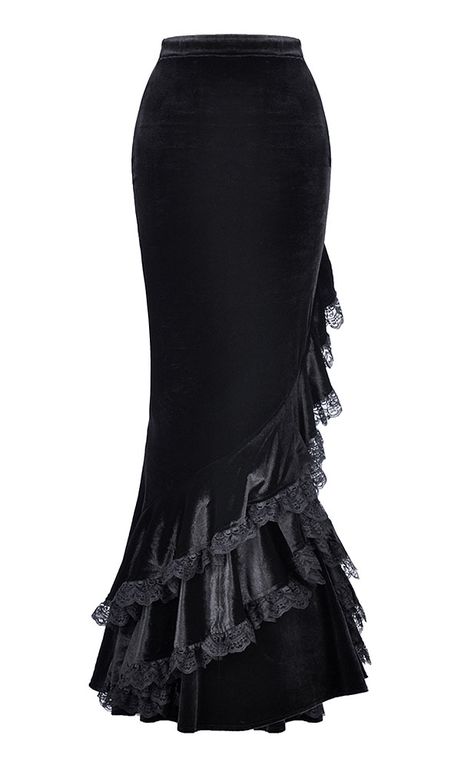 Nouveau produit : Black velvet mermaid skirt with lace ruffles Victorian Gothic darkinlove Vous aimez ? / New product do you like ?  Prix: 59.90  #new #nouveau #japanattitude #jupes #gothique #gothic #elegant #aristocrat #victorien #victorian #chic #skirt #mermaid #tight #frilly #lace #laceup #velvet #romantic #darkinlove #kw156 #lace-up Gothic Skirt, Robes Glamour, Gothic Steampunk, Chic Type, Punk Rave, Velvet Skirt, Mermaid Skirt, Gothic Dress, Pencil Skirts