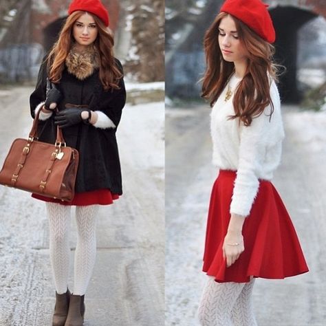 Koleksi Makeup, Classy Fall Outfits, Parisienne Chic, White Tights, Outfit Plan, Red Skirts, Feminine Outfit, Look Vintage, Winter Clothes