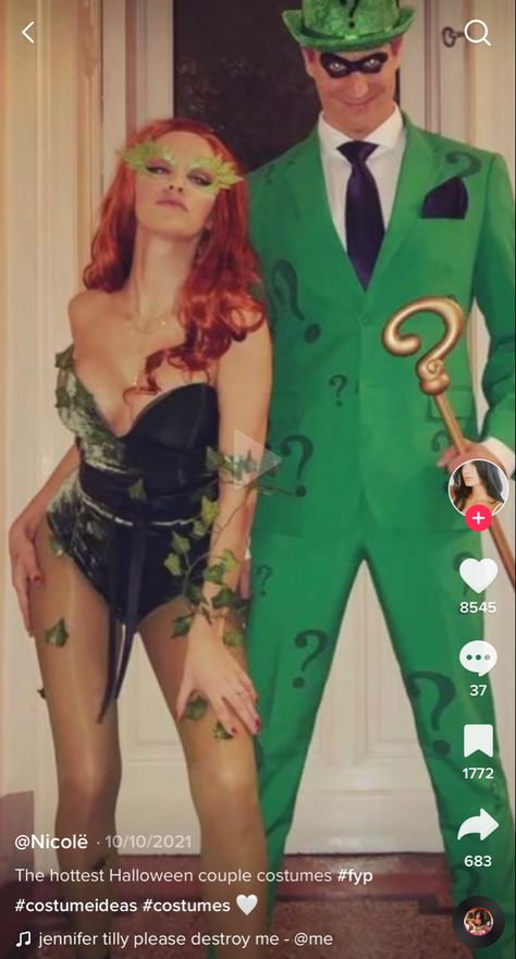 Posion Ivy And The Riddler Costume, Poison Ivy And Robin Costume, Poison Ivy And Riddler Costume, Riddler Costume, Batman Costume Diy, Halloween Customs, Ivy Costume, Robin Costume, Poison Ivy Costumes