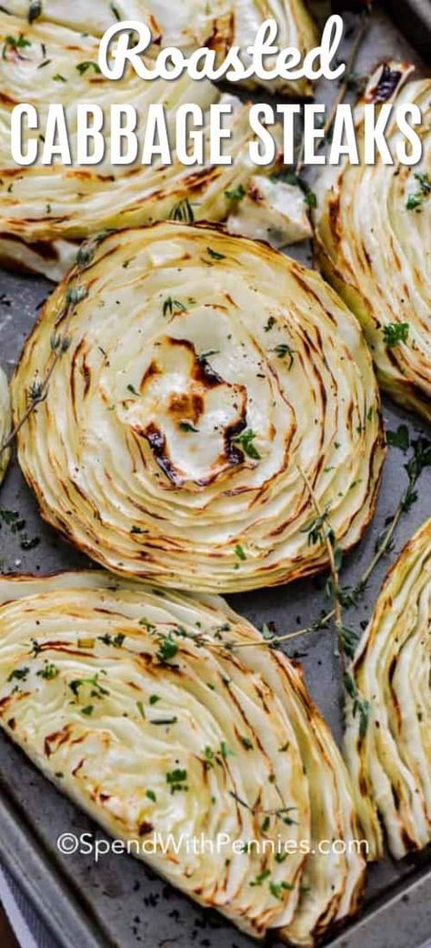 A simple side dish, these oven roasted cabbage steaks are an easy side dish recipe that we love making on busy weeknights! #spendwithpennies #cabbage #roastedcabbage #ovenroastedcabbage #cabbagesteaks #roastedcabbagesteaks Grilled Cabbage Steaks, Cabbage Steaks Recipe, Cabbage Dishes, Roasted Cabbage Steaks, Grilled Cabbage, Cabbage Steaks, Beachbody Recipes, Roasted Cabbage, Dish Ideas