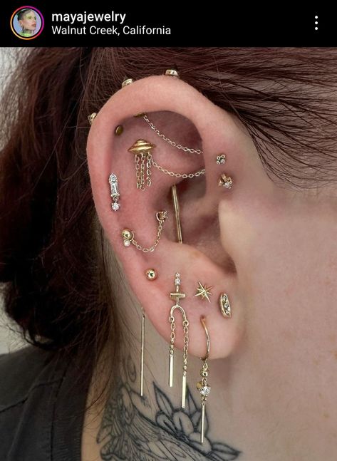 Interesting Ear Piercings, Maximalist Piercings, Ear Piercings With Gauges, Unique Piercing Ideas, Ear Ideas, Ear Stacks, Ear Curation, Unique Ear Piercings, Piercing Inspo