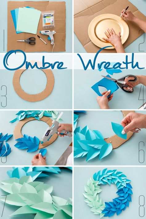 DIY Ombre Wreath. Use colorful cardstock paper, cardboard, and Elmer's new CraftBond Less Mess Hot Glue Sticks & Hot Glue Gun to make DIY home decor in minutes! Ombre Wreath, Diy Para A Casa, Diy Ombre, Diy Bricolage, Seni Origami, घर की सजावट, Paper Flowers Diy, Paper Crafts Diy Tutorials, Origami Crafts