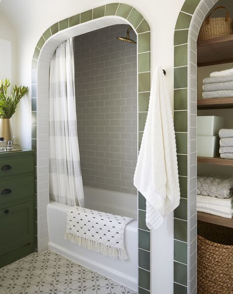 Shower Tub Niche, Tub Niche, Shower Bath Combo, Tile Bathtub, Little Bathroom, Bathroom Remodels, Green Tile, Bathroom Renos, House Bathroom