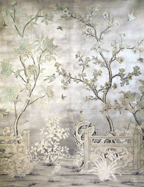 mural over silver leaf Indochine Texture, Thought Wallpaper, Gracie Wallpaper, Chinoiserie Mural, Artwork Inspiration, Chinoiserie Wallpaper, Chinoiserie Chic, Birds And Flowers, Paris Apartments