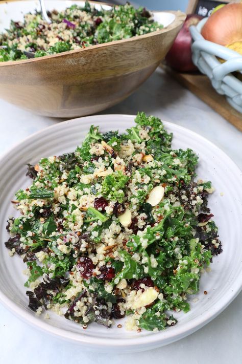 Cranberry, Almond & Quinoa Kale Salad - Cooking Katie Lady Kale Salad With Quinoa, Quinoa Kale Salad, Quinoa Chickpea Salad, Recipe Kale, Parmesan Crusted Zucchini, Salad With Quinoa, Health Meals, Quinoa Kale, Kale Quinoa Salad