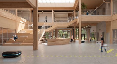 Cobot hub - robotics campus in odense, denmark | 3xn architects | 3XN Odense Denmark, Traditional Office, Employee Wellness, Open Office, Research And Development, Create Space, Robotics, Commercial Interiors, Common Area