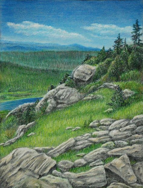 Landscape Study by k8lag on DeviantArt Landscape Painting With Colored Pencils, Landscape With Pencil Colour, Pencil Color Drawing Landscape, Coloured Pencil Landscape Drawings, Pencil Crayon Landscape, Landscape Drawing Colored Pencil, Colored Pencil Art Landscape, Watercolor Pencil Landscape, Color Pencil Landscape Drawing