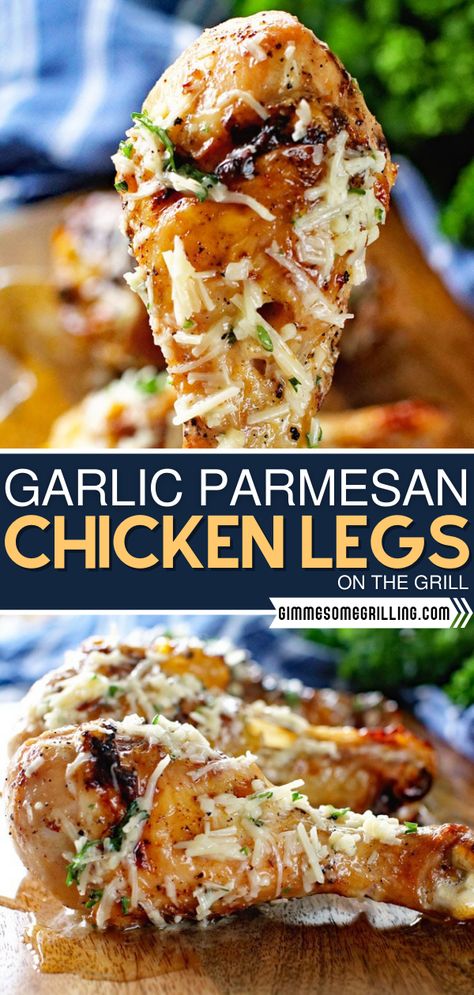 This easy game day food is sure to be a hit! Coated in savory garlic and parmesan goodness, these cheesy grilled chicken legs are finger-licking good. Everyone won't be able to resist grabbing and enjoying them as an appetizer or for dinner! Pin this for later! Parmesan Grilled Chicken, Recipes Using Chicken Legs Dinners, Skinless Chicken Leg Recipes, Chicken Leg Ideas For Dinner, Chicken Leg Recipes Grilled, Grilled Chicken Legs Recipes, Chicken Leg Meals, Grilled Chicken Leg Recipes, Chicken Legs Grilled