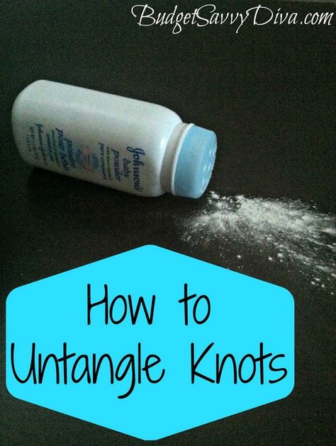 How To Get A Knot Out Of Your Hair, How To Get Knots Out Of Hair, How To Untangle Hair, Knot Out, Fabric Softener Sheets, Hair Solutions, Diy Cleaners, Come Undone, Baby Powder