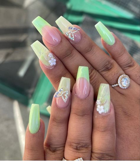 Green Nails Sweet 16, Sage Green Prom Nails Acrylic, Short Gel Nails With Charms, Sage Green Nails With Butterflies, Sage Green Fairy Nails, Princess Tiana Nail Ideas, Light Green Birthday Nails, Pastel Acrylic Nail Designs, Cute Lime Green Nails