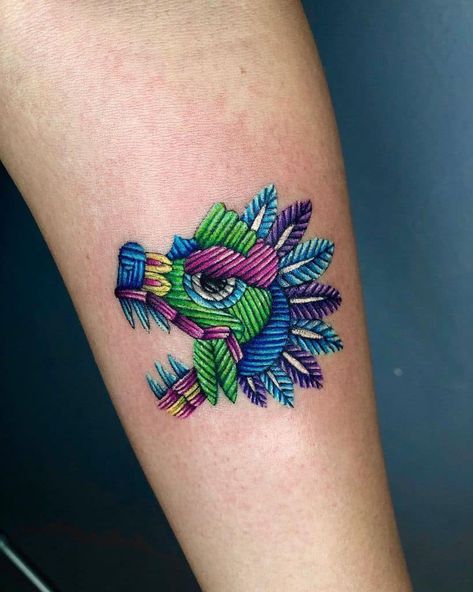 colorful-embroidery-tattoo-alicia_casale Mexican Embroidery Tattoo, Embroidery Tattoo Ideas, Quetzalcoatl Tattoo, Cross Stitch Tattoo, Tattoo Embroidery, Mexican Tattoo, Filigree Tattoo, Mexican Art Tattoos, Army Tattoos