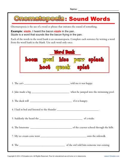 Onomatopoeia Sound Words - Free, Printable Worksheet Lesson Activity Onomatopoeia Worksheets, Sound Devices In Poetry, Onomatopoeia Activities, Figurative Language Lessons, Poetry Worksheets, Figurative Language Activity, Figurative Language Worksheet, Language Worksheets, Sound Words