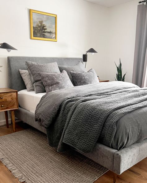 Earth Tone Bedroom Grey Bed, Bedrooms With Grey Bed Frame, West Elm Bedding Ideas, Sheets For Grey Headboard, West Elm Andes Side Storage Bed, Grey Velvet Bedding, Grey Fabric Bed Bedroom, Gray Bed Comforter Ideas, Grey Velvet Bed Bedroom Ideas