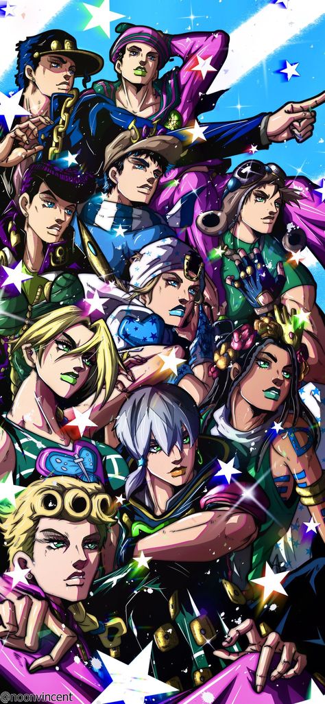 Noonvincent Jojos, All Jojos Together, Jojo Lockscreen, Cool Jojo Wallpaper, Jojo's Bizarre Adventure Joseph, Jjba Poster, Jojo Art Wallpaper, Jojo Wallpaper Aesthetic, Jjba Wallpaper