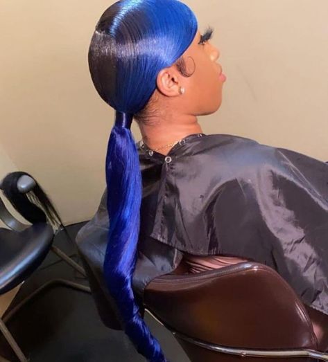 Blue Quick Weave, Blueberry Hair, Blue Ponytail, Blue Hairstyles, Barbie Hairstyles, Slick Ponytail, Barbie Hairstyle, Slicked Back Ponytail, Weave Ponytail Hairstyles