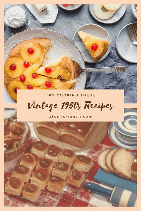 Cook in the past with these fun vintage 1950s recipes! Find them at Atomic-Ranch.com. #vintagerecipes #recipes 50s Diner Food Recipes, 1950s Casserole Recipes, 1950s Recipes Vintage, 1950s Baking Recipes, 50s Food Recipes, 60s Food Recipes, 1950 Food Ideas Theme Parties, 1960s Dinner Recipes, 50s Dessert Recipes