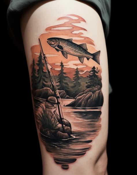 Fisherman Tattoo Ideas, Fish Tattoo Design For Men, Fishing Tattoo For Men, Fishing Lure Tattoo, Fisherman Tattoo, Fishing Tattoos, Rip Tattoos, Men's Tattoo, River Tattoo