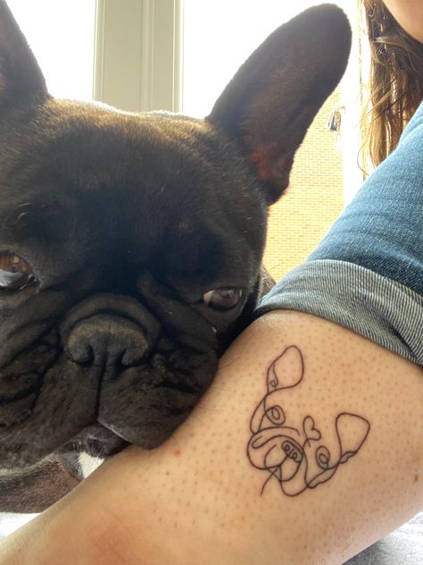 Fine Line Beagle Tattoo, Bulldog Line Drawing, Frenchie Tattoos, France Tattoo, Frenchie Christmas, Tatoo Dog, French Bulldog Drawing, Line Drawing Tattoos, French Bulldog Tattoo