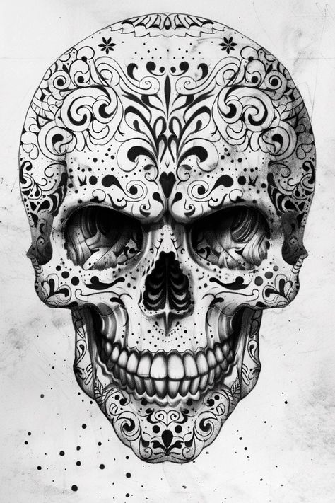 "Smiling Skull Tattoo" presents a unique vision with DOTTED LINES adorning the skull's bones. This artistic portrayal captures the essence of the skull motif in a fresh and creative way. Experience the fusion of art and anatomy as each line brings the skull to life with personality and charm. Elevate your tattoo collection with this captivating design. 😊💀 #smiling #skull #tattoo #dotted #bones #artistic Indian Skull Tattoo Design, Sugar Skulls Drawing, Mandala Skull Tattoo Design, Day Of The Dead Drawings, Black And Grey Skull Tattoos, Skull Mandala Tattoo, Mad Drawing, Geometric Tattoo Skull, Skull Tattoos For Men