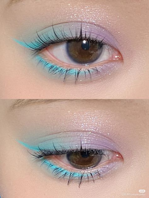 Colorful Eye Makeup With Glasses, Watercolor Eye Makeup, Pink And Blue Eyeshadow Looks, Simple Colorful Eye Makeup, Makeup Eye Color, Aesthetic Eye Makeup, Aesthetic Eye, Pastel Makeup, Makeup Pictorial