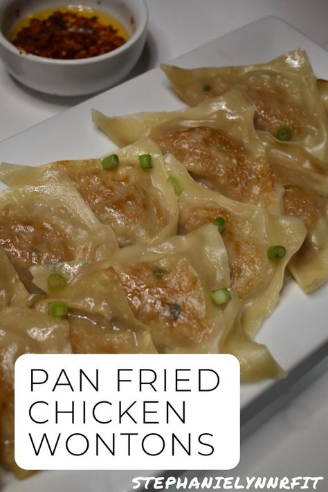 Easy Pan Fried Chicken Wonton Dumplings Low Calorie Dumplings, Pan Fried Wontons, Wonton Dumplings, Low Calorie Meal, Stuffed Shrimp, Low Calorie Chicken, Chicken Wontons, Fried Wontons, Crab Stuffed