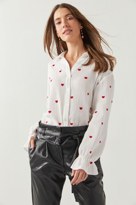 Elsie Heart Embroidered Top | Francesca's Heart Print Blouse, Work Women, Fabric Heart, Heart Top, Ruffle Long Sleeve, Extra Long Sleeves, Heart Shirt, Flounce Sleeve, White Shirts