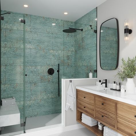 Wall Tiles - Bed Bath & Beyond Seafoam Green Tile Bathroom, Jade Tile Bathroom, Turquoise Shower Tile, Bathroom Shower Tile Wall, House Interior Blue, Modern Bathroom Green, Large Tile Shower Ideas, Modern Tropical Kitchen, Indigo Bathroom