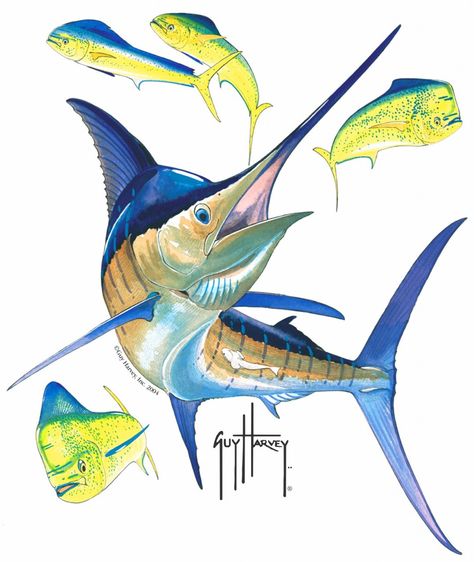 Guy Harvey Art, Theme Tattoos, Ocean Collage, Blue Marlin Fish, Marlin Fish, Tattoo Pics, Marine Artist, Fish Artwork, Sea Life Art