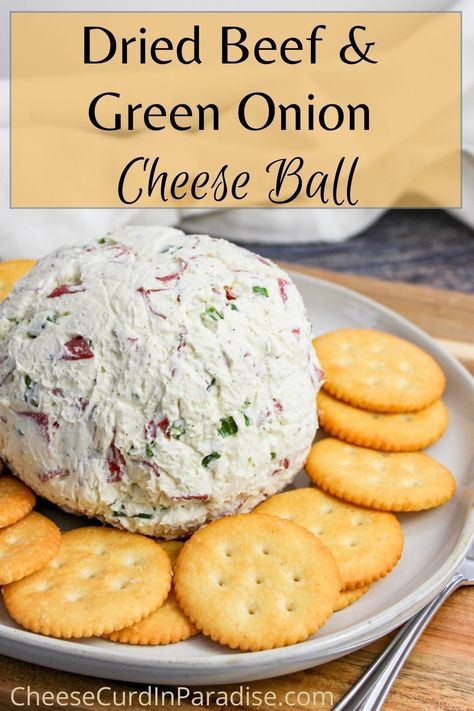 Dried Beef and Green Onion Cheese Ball is loaded is creamy cream cheese, salty dried beef, zesty ranch seasoning, Worcestershire sauce and a spice from sliced fresh green onions. A perfect appetizer for any holiday or game day! #appetizers #cheeseball #cheese Dried Beef And Green Onion Cheese Ball, Cheese Ball With Dried Beef Green Onions, Cheese Ball Dried Beef Green Onions, What To Make With Green Onions, Cheeseball Dried Beef, Cheese Ball With Dried Beef, Dried Beef Cheeseball, Chipped Beef Cheeseball, Dried Beef Cheeseball Recipes