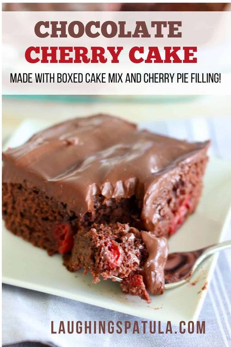 Chocolate Cherry Cake - made with store bought cake mix and cherry pie filling! Chocolate Cake Mix And Cherry Pie Filling, Chocolate Box Cake With Cherry Pie Filling, Choc Cake With Cherry Pie Filling, Chocolate Cake With Cherry Pie Filling Recipe, Cake Mix With Cherry Pie Filling, Devils Food Cake With Cherry Pie Filling, Vanilla Cake With Cherry Pie Filling, Chocolate Cake Cherry Pie Filling, Chocolate Cake Mix With Cherry Pie Filling