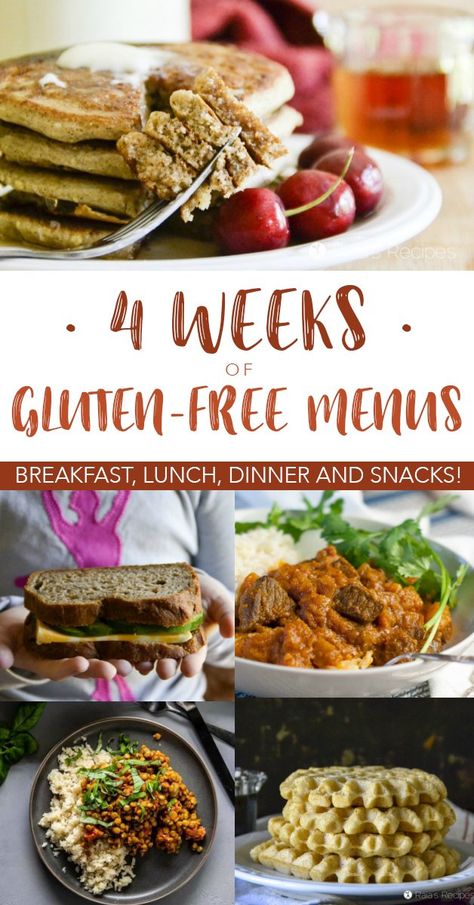 Need help planning a gluten-free menu? Let me help! Here are four weeks of gluten-free menus to help you get started. #glutenfree #mealplanning #menu #lunch #breakfast #dinner #realfood #healthyeating #snack Gluten Free Menu Planning, Menu Sans Gluten, Gluten Free Meal Plan, Gluten Free Main Dishes, Dinner Snacks, Paleo Recipe, Gluten Free Menu, Appetizer Ideas, Gluten Free Living