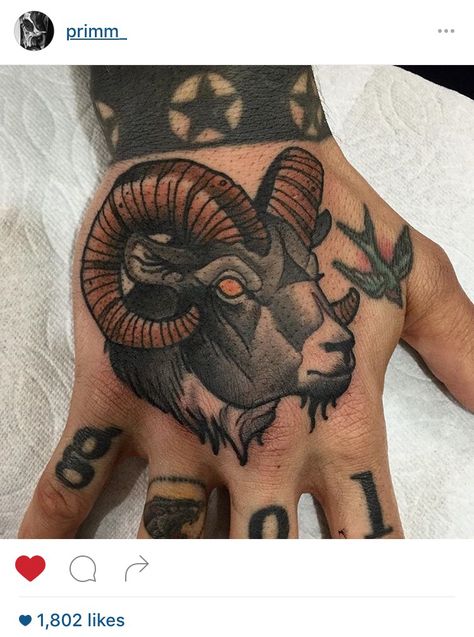 Goat hand tattoo Tattoo Goat, Widder Tattoo, Goat Tattoo, Animal Tattoos For Women, Satanic Tattoos, Tato Tradisional, Sheep Tattoo, Ram Tattoo, Native Tattoos