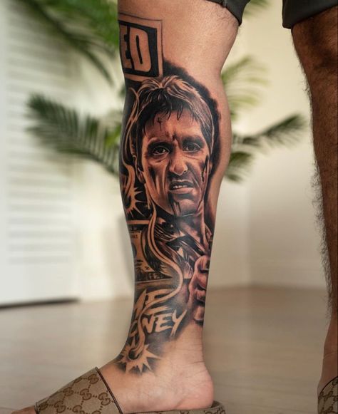 Forearm Sleeve Filler Ideas, Tatoos Men Leg Calves, Scar Face Tattoo, The Godfather Tattoo, Nomad Tattoo Ideas, Scarface Tattoo Stencil, Gangsta Tattoos Men Design, Scarface Leg Tattoo, Tony Montana Tattoo