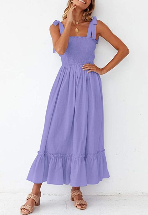 2023 Summer Boho Spaghetti Strap Square Neck Solid Color Ruffle A Line Beach Long Maxi Dress Flowy and fun cute and casual Purple/Lilac/Violet/Lavender Maxi Dress So many color and pattern options Bohemian Beach Style, A Line Long Dress, Elegante Y Chic, Long Beach Dress, Ruffle Midi Dress, Summer Boho, Midi Dress Summer, Boho Summer, Evening Attire