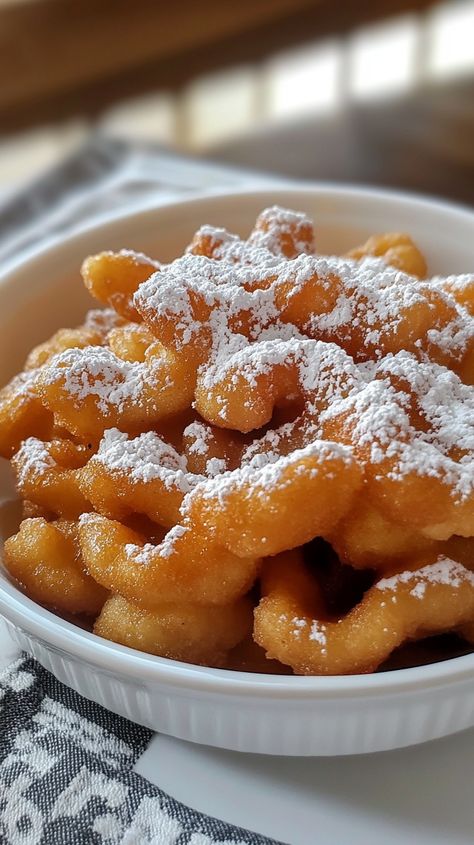 Funnel Cake Bites Recipe Funnel Cake Bites Recipe, Strawberry Funnel Cake, Cake Bites Recipe, Funnel Cake Bites, Homemade Funnel Cake, Funnel Cake Recipe, Funnel Cakes, Kitchen Skills, Cake Bites