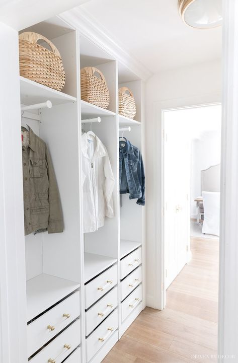 LOVE the built-in look of this open coat closet and drawers with shoe storage - made with IKEA PAX wardrobes! #closet #ikea #closets Ikea Pax Entryway Closet, Ikea Pax 35, Closet Spaces, Ikea Pax Hack, Ikea Pax Closet, Pax Closet, Closet Ikea, Entrance Halls, Entry Closet