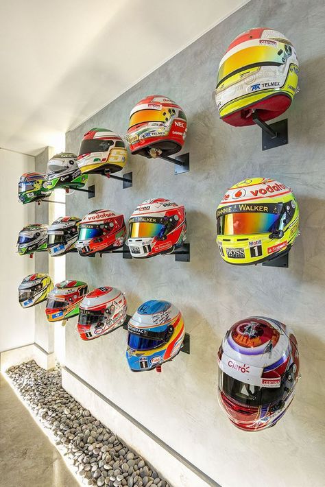 F1 Bedroom Ideas, F1 Bedroom, Car Decoration Ideas, Hypebeast Room, Helmet Shop, Garage Loft, Cute Ladybug, Cars Room, Bedroom Setup