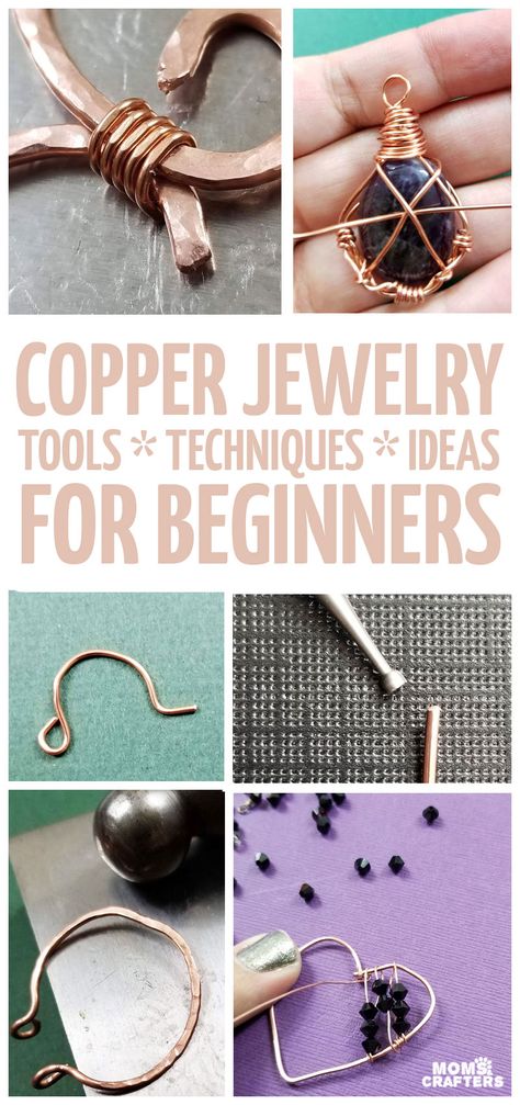 Loads of ideas for copper jewelry making for beginners - so cool! Make real metal jewelry with beginner level skills. Wire Jewelry Diy Tutorial, Hammered Metal Jewelry, Easy Jewelry Making Ideas, Copper Jewelry Diy, Jewelry Making Ideas, Making Jewelry For Beginners, Metal Jewelry Making, Wire Wrapped Stone Jewelry, Diy Leather Earrings