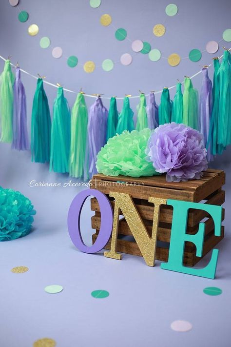 Mermaid Cake Smash Session by Corianne Acevedo Photography Mermaid Smash Cake One Year Old, Mermaid Cake Smash, Mermaid Bridal Showers, Boys First Birthday Cake, Mermaid Party Supplies, Mermaid Theme Party, Mermaid Theme Birthday, Smash Cake Photoshoot, First Birthday Themes