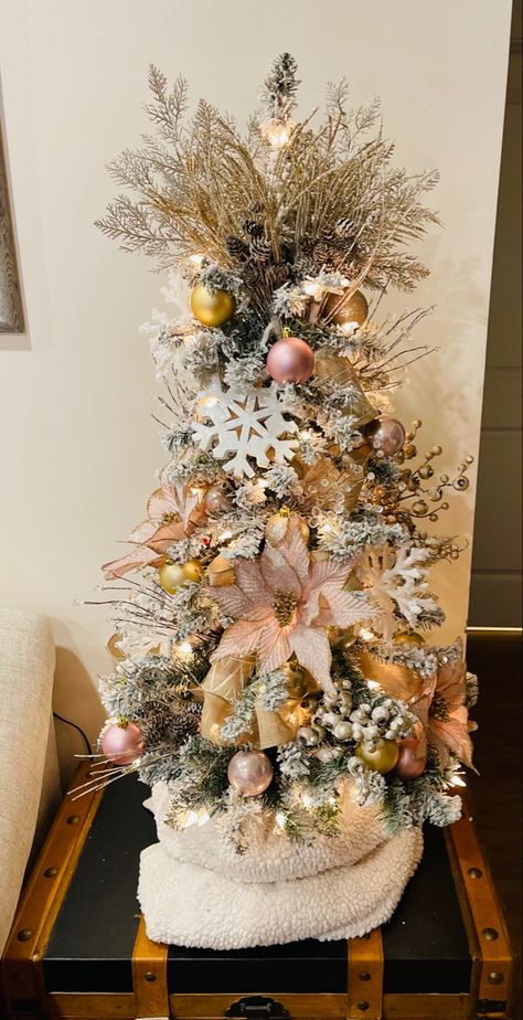 Peach And Gold Christmas Tree, Pink Golden Christmas Tree, Blush And Gold Christmas Tree Toppers, Pink And Gold Christmas Tree, Gold Amd Cream Christmas Tree, Pink And Gold Christmas, Pink Tree With White Faux Fur, Cone Christmas Trees, Gold Christmas Tree