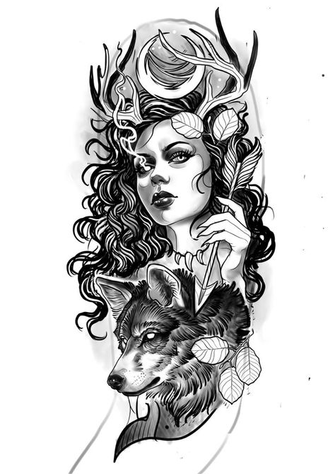 Female Goddess Tattoo, Dynamic Faces, Huntress Tattoo, Druid Tattoo, Dark Goddesses, Diana Artemis, Artemis Tattoo, Freya Goddess, Valkyrie Tattoo