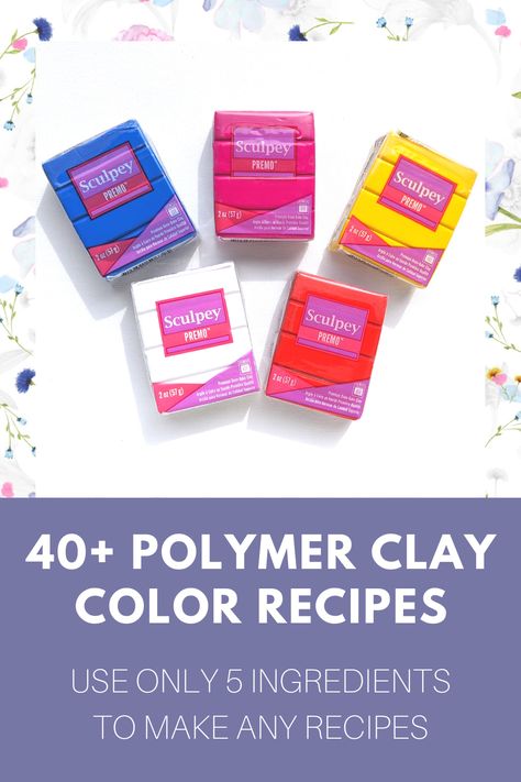 Use polymer clay recipes to mix that eye catching color! Click to see 40+ polymer clay recipes which can be made using only 5 color ingredients: Premo Cadmium Red, Premo Cadmium Yellow, Premo Cobalt, Premo Fuchsia, Souffle Igloo or Premo White. #polymerclaycolorrecipe #claycolorrecipe #polymerclaycolormixing #claycolormixing Which Clay To Use, Mixing Colors Polymer Clay, Polymer Clay Recipes Free, Sculpey Souffle Color Mixing, Sculpey Clay Color Recipes Free, Polymer Clay Mixing Colors Sculpey, Fimo Polymer Clay Color Mixing Recipes, Polymer Clay Colours, Fimo Clay Recipe