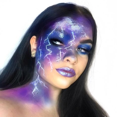 Lightning Eye Makeup, Lightning Makeup Eye, Storm Inspired Makeup, Storm Cloud Makeup, Lightning Makeup, White Liquid, Pride Makeup, Photography Makeup, Creepy Halloween Makeup