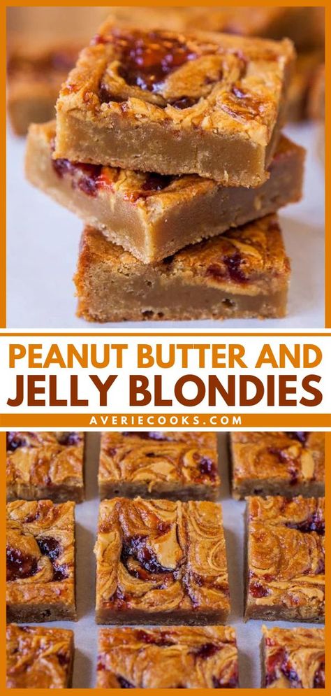 The perfect back to school recipe! Made in one bowl, it's easy and ready in just 30 minutes from start to finish. Filled with peanut butter and jelly goodness in every bite, these blondies are a delicious dessert idea! Peanut Butter And Jelly Cake Recipe, Peanut Butter Blondies Recipe, Chocolate Peanut Butter Frosting, Jelly Desserts, Chocolate Chip Blondies, Averie Cooks, Blondies Recipe, Butter Recipes, Peanut Butter Desserts