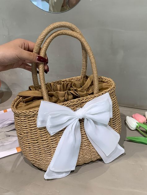 Brown Vacation   Straw Plain Straw Bag Embellished   Women Bags Mini Bow, Picnic Wedding, Ceramic Soap Dish, Wicker Bags, Straw Handbags, Bow Decor, Fancy Bags, Straw Bags, Top Handle Bags