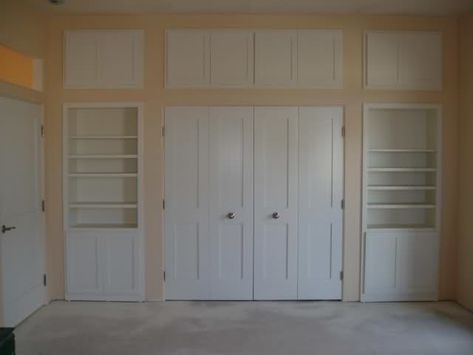 Designing/using upper space in 9' tall closets Storage Above Closet, Gaming Closet, Closet Cubbies, Closet Bookshelves, Small Closet Makeover, Home Gym Storage, Bedroom Closets, Closet Door Makeover, Manufactured Home Remodel