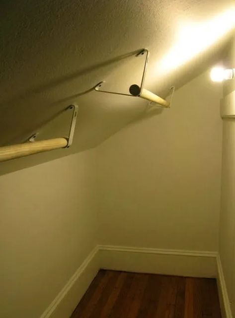 Ceiling Closet Rod, Slanted Ceiling Closet, Sloped Ceiling Closet, Attic Workspace, Slanted Walls, Koti Diy, Loft Inspiration, Attic Renovation Ideas, Attic Ideas