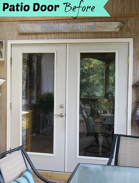 patio door before painting Painting Patio Doors Black, Painted French Doors Exterior Patio, Exterior French Doors Patio, Patio Door Makeover, French Door Makeover, Patio French Doors, Painted French Doors, French Doors Patio Exterior, Exterior Patio Doors