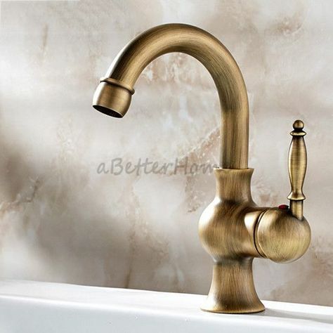 Vintage Fashion Bathroom Sink Faucet Single Handle Tap Swivel Spout Basin Mixer Features: - Function: Antique Brass Basin Faucet - Finish: Antique Brass - Number of Handles: 1 handle - Spout Reaches: 13cm (5.1") - Spout Height: 16.5cm (6.5") - Tap Height: 23.5cm (9.3") - With Swivel Spout - Faucet Material: Brass - Fitted with ceramic cartridge discs for long time and durable daily use - Comes with water hose and mounting parts for install. - 2 Years Warranty - Brand new in box, ready to ship. Antique Brass Bathroom Fixtures, Bronze Faucets, Brass Bathroom Fixtures, Antique Faucet, Vintage Faucet, Antique Brass Bathroom, Brass Bathroom Faucets, Bathroom Sink Taps, Basin Sink Bathroom