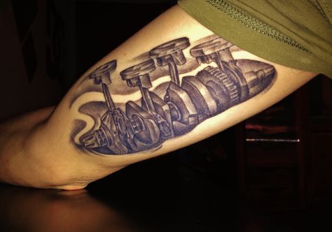 Crankshaft tattoo Crankshaft Tattoo, Mechanic Tattoo, Racing Tattoos, Sleeve Ideas, Sleeves Ideas, Tattoo Flash, Thigh Tattoo, Flash Tattoo, Skull Tattoo